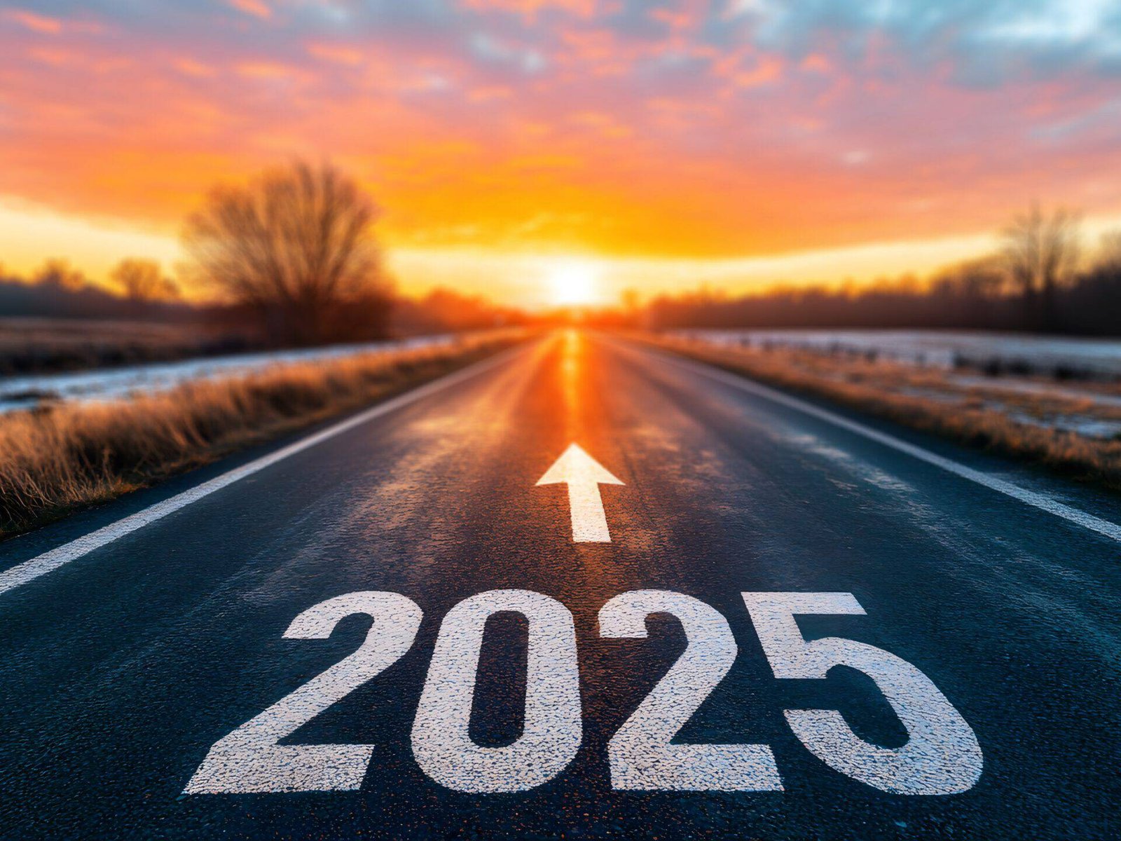 2025 New year caption on a long road